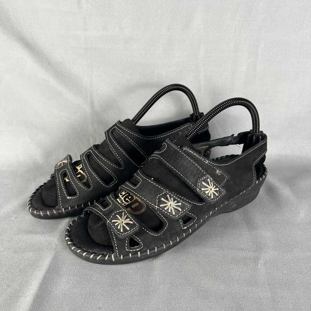 La Plume Womens 40 Slingback Black Leather Floral Adjustable Strap Wedge Sandals